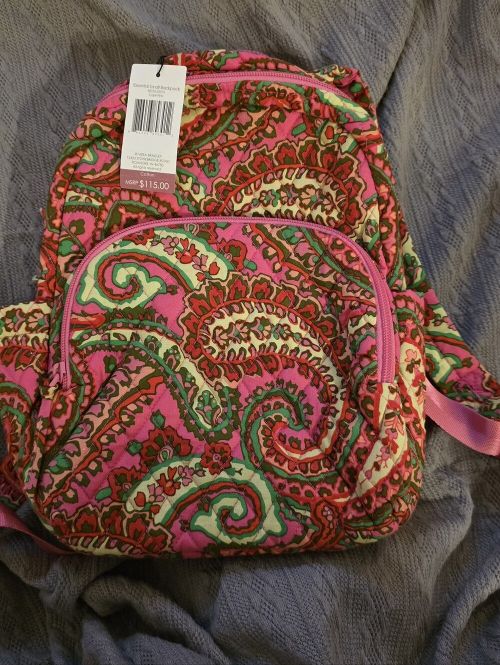 Vera Bradley Hot Pink Paisley Quilted Backpack with Green Accents
